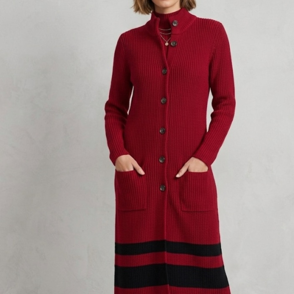 Lauren Ralph Lauren Ribbed Button-Front Burgundy & Black Cardigan Dress Size PS